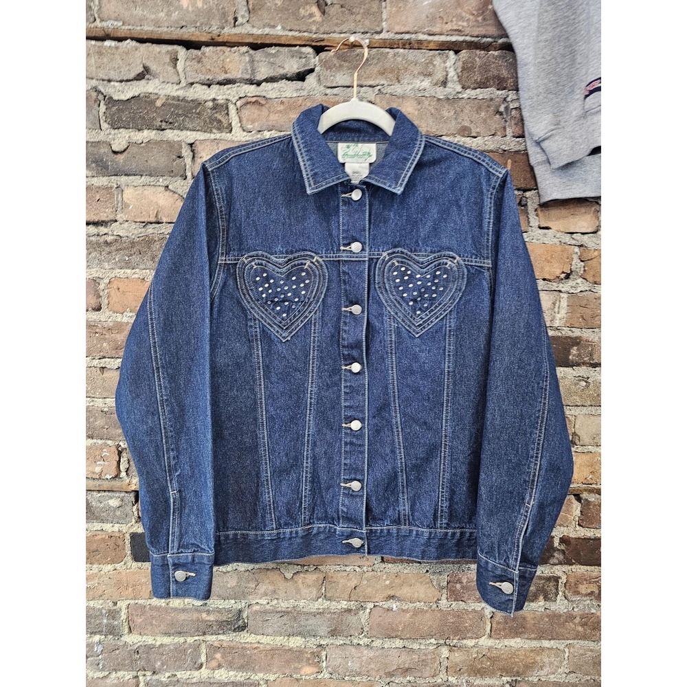 Y2K Quacker Factory Jacket Womens Small Blue Denim Heart Studded Button Front